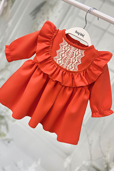 Bertuğ Bebek Dantel Ve Fırfır Detaylı Turuncu Krep Kız Çocuk Bebek Elbise