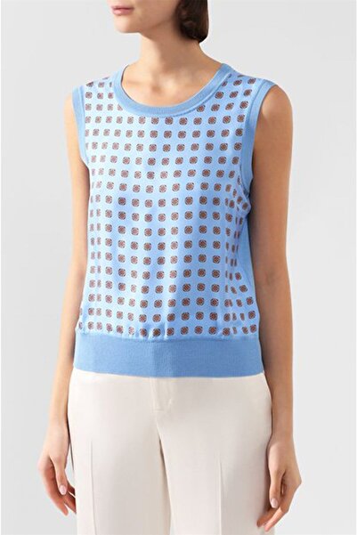 Escada Desenli Bisiklet Yaka Kolsuz Mavi Yün Kazak