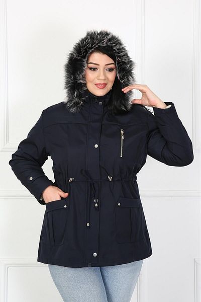 By Alba Collection Women's Navy Blue Pocket Detail Water Repellent Bondit Fabric Large Size Coat