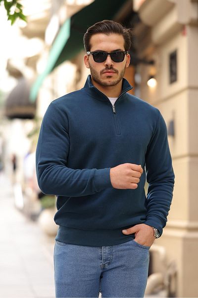 Valiberta Thessaloniki Knitted Half Zipper Men's Sweatshirt - Prussian Blue