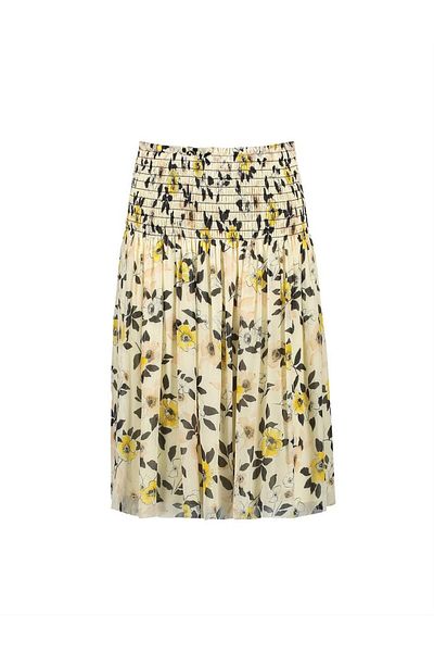 Escada Sport Floral Patterned Mid-Length Yellow Viscose Skirt with Gathered Waist Belt