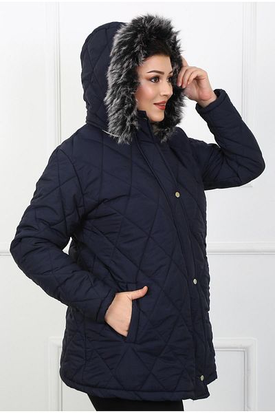By Alba Collection Women's Navy Blue Crinkle Fabric Wool Inside Plus Size Coat