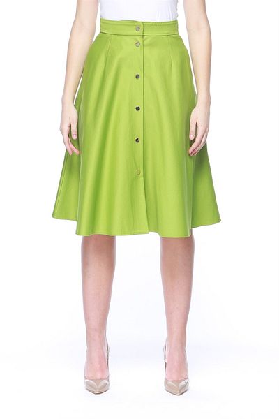 Escada Medium Length Green Cotton Flared Skirt with Buttoned Pockets