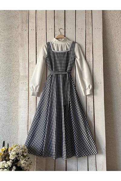 KÜÇÜĞÜM BUTİK Long Black Gingham Square Neck Gilet and White Blouse Set (Gilet-Bluz)