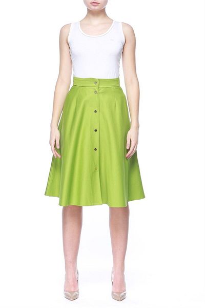 Escada Medium Length Green Cotton Flared Skirt with Buttoned Pockets