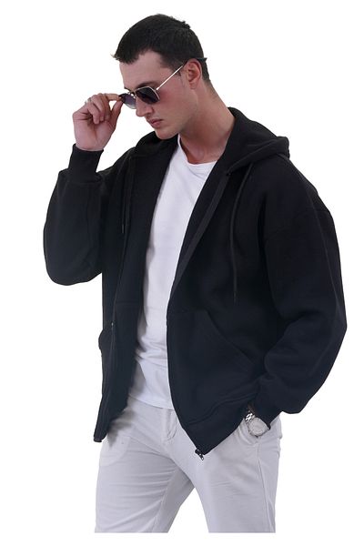 Exve Exclusive Μαύρο Basic Oversize Μαλακό Πλεκτό Φούτερ Ζακέτα με κουκούλα με φλις εσωτερικά και φερμουάρ 3 κλωστών