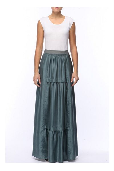 Escada Sport Pleated Long Length Mint Green Silk Skirt with Elastic Waist