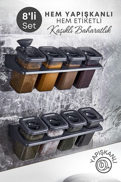 GRİMOR Life 8-Piece Label Self-Adhesive Square Spice Rack Set with Stand Locking Spoon 400 Ml-Smoked