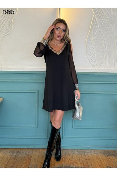 Kokosh moda Rochie neagră de damă, cu mâneci lungi, din tul, cu decolteu în V, scurtă din crepon