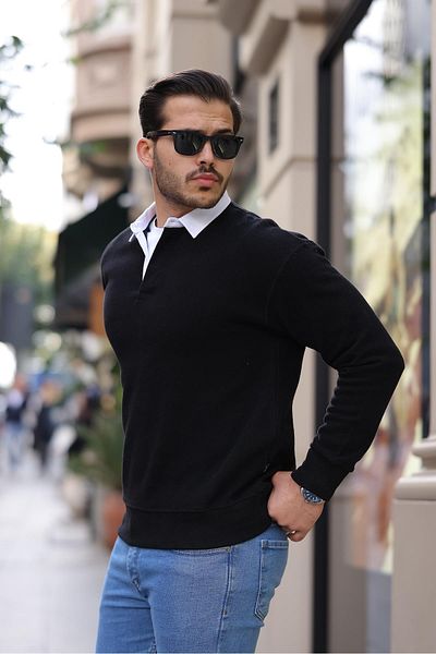 Valiberta Polo Collar Thessaloniki Knitted Fabric Men's Sweatshirt - Black