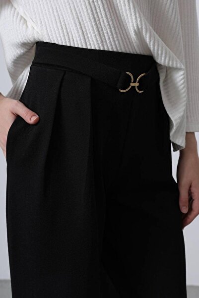 Reyon Kadın Siyah Kemer Detay Önü Pileli Palazzo Pantolon