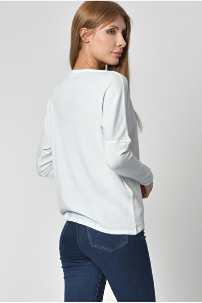 Cotton Candy Button Detailed V-Neck Long Sleeve Women's T-Shirt - Ice Blue