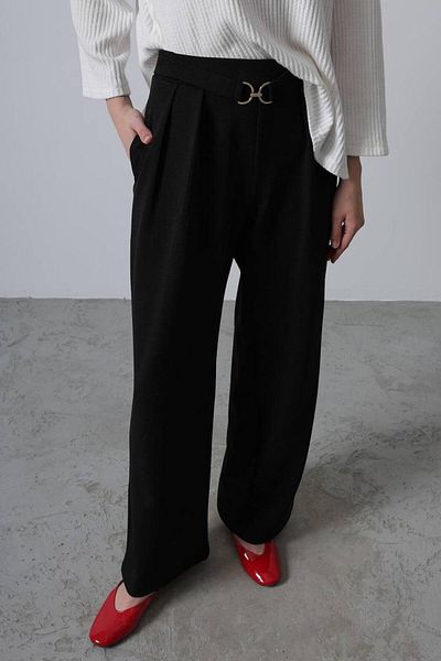 Reyon Women's Black Belt Detail Front Pleated Palazzo Trousers