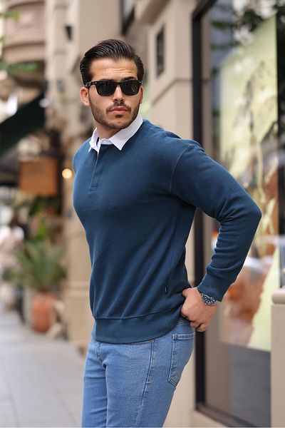 Valiberta Polo Collar Thessaloniki Knitted Fabric Men's Sweatshirt - Indigo