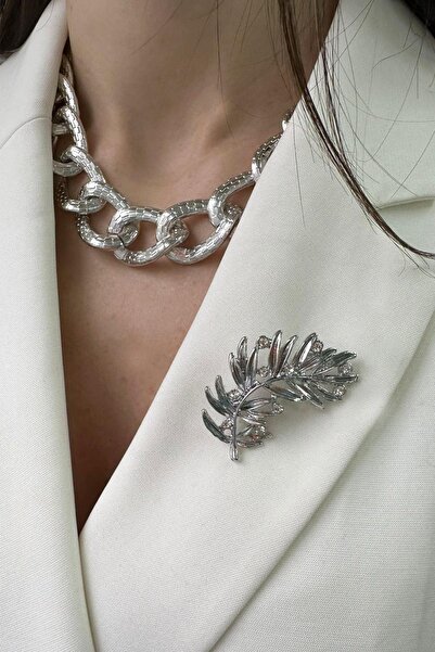 Modex Gümüş Rengi Taşlı Yaprak Broş (5cm)