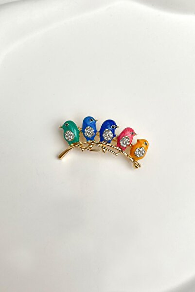 Modex Mineli Taşlı Sıralı Minik Kuşlar Broş (Ölçü:3,5cm)