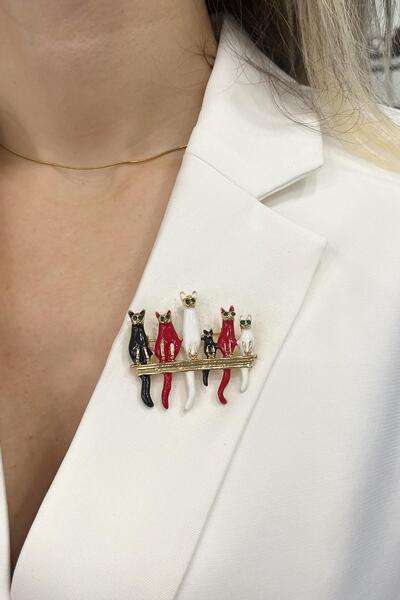 Modex Renkli Mineli Sıralı Kedi Broş (Ölçü:5 cm)