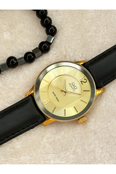 Q&Q Brand Black Color Leather Band, Waterproof Yellow Case Men Wrist Watch Bracelet