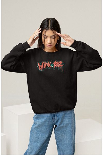 Fuddy Moda Hanorac unisex Blink182 V2 cu imprimeu pe spate fără glugă, hanorac supradimensionat cu imprimeu pentru trupa rock