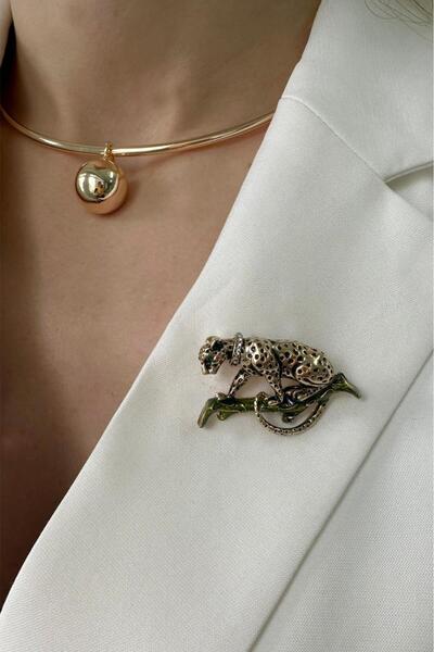 Modex Taş Detaylı Kaplan Broş (en:4 Cm Boy:2 Cm)