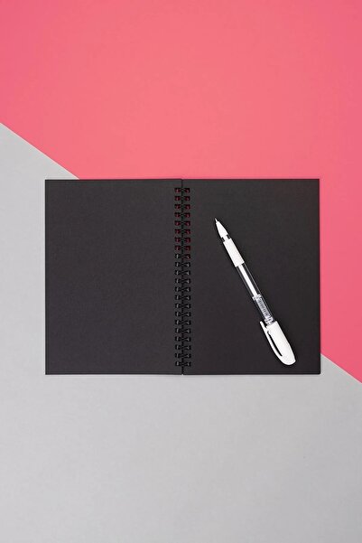 Tutunabilir Kağıt Black Leaf Spiral A6 10X14 cm Mini Notebook 1 Piece 30 Sheets 60 Pages & White Gel Pen Gift