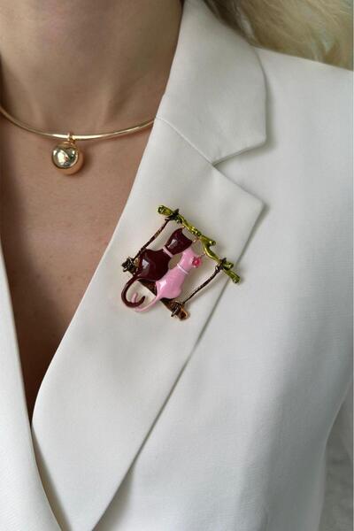 Modex Mineli Ikili Kedi Broş (EN:5 CM BOY:5 CM)