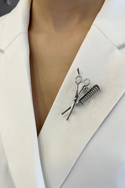 Modex Kuaför Taş Detaylı Makas Tarak Broş (5cm)