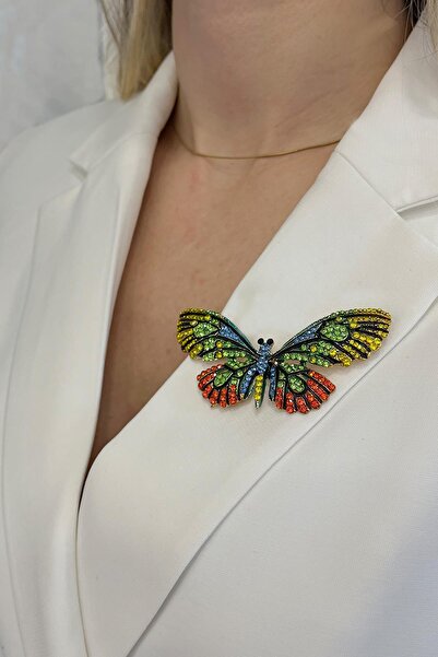 Modex Renkli Çok Taşlı Kelebek Broş (Ölçü:7,5 cm)