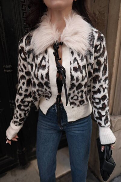 EGELİMODA Leopard Knit Cardigan with Fur Collar