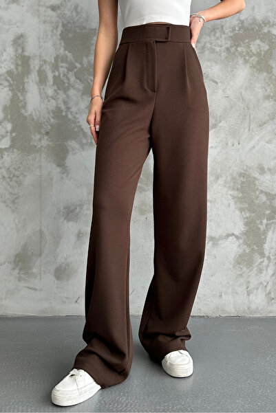 macharel jeans Καφέ Γυναικείο Παντελόνι Palazzo με Velcro Lycra