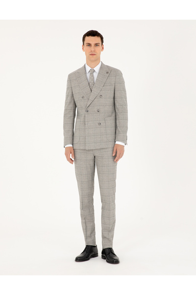 Pierre Cardin Gray Ex. Slim Fit Plaid Double Breasted Suit 50294091-Vr024
