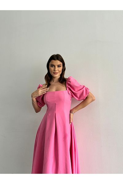 SONREİR Rochie lungă plisată cu mânecă cu balon scurtă
