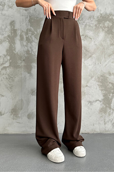 macharel jeans Καφέ Γυναικείο Παντελόνι Palazzo με Velcro Lycra