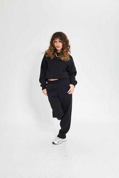 The Champ Clothing Дамски комплект анцуг с широки крачоли, черен и кръгло деколте, еластична талия и широки крачоли