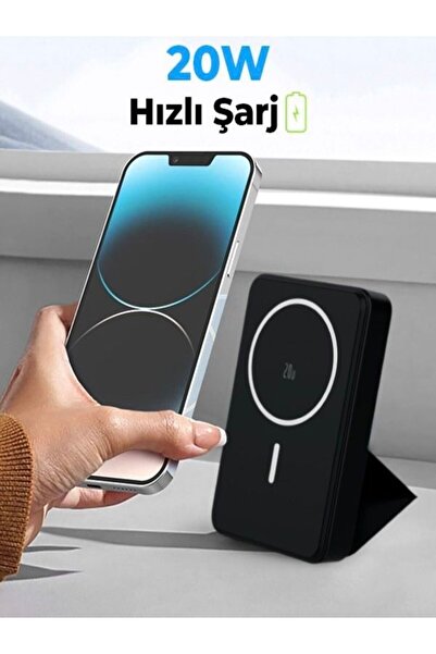 ÇELİKWORK 10000mAh 20W Wireless MAGSAFE Kablosuz Powerbank | Lüx Deri Standlı Taşınabilir Hızlı Şarj