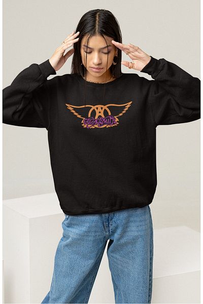 Fuddy Moda Hanorac unisex Aerosmith V2 cu imprimeu pe spate fără glugă, hanorac supradimensionat cu imprimeu pentru trupa rock