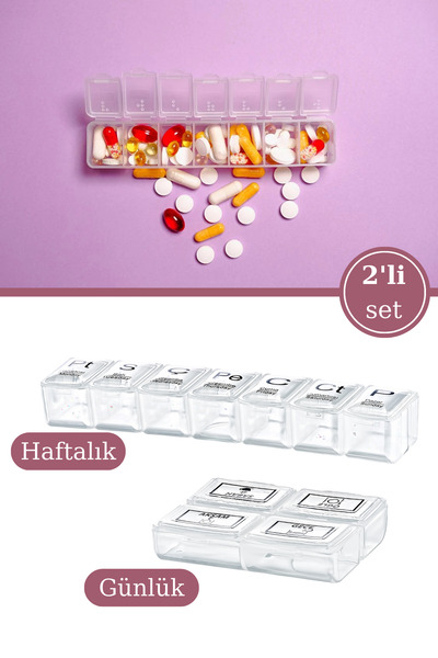 Evren Haftalık İlaç Kutusu ve Günlük İlaç Kutusu 2’li Set, Bölmeli İlaç Hap V...