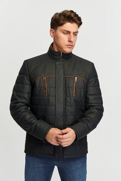 KENT 748 Men's Genuine Leather Navy Blue Taffeta Puffer Coat