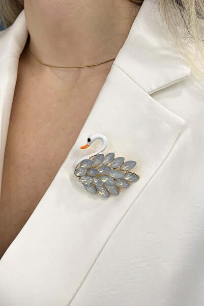 Modex Mekik Taşlı Mineli Kuğu Broş (Ölçü:4,5cm)