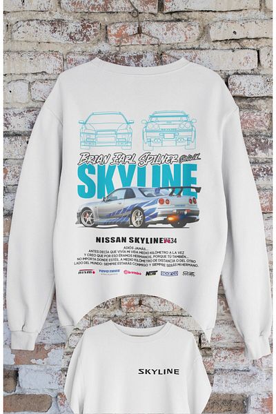 Fuddy Moda Unisex Skyline Paul Walker Signature Back Printed Hoodless Sweatshirt,Oversize Car Themed Sweatshirt