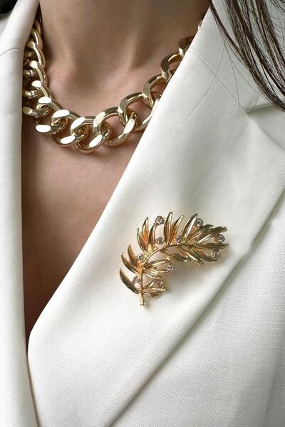 Modex Altın Sarısı Taşlı Yaprak Broş (5cm)