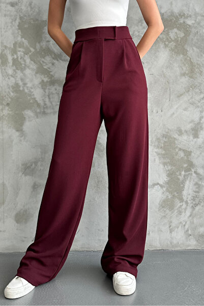 macharel jeans Bordo Kadın Likralı Cırt Kapama Palazzo Pantolon