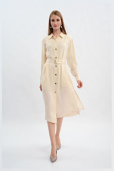 Escada Sport Buttoned Belted Long Sleeve Midi Length Beige Dress