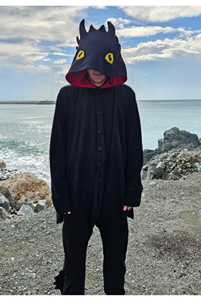 Kostüm Sarayı Dişsiz Ejderha Kostümü Yetişkin | Siyah Ejderha Pijama Tulum Kostüm