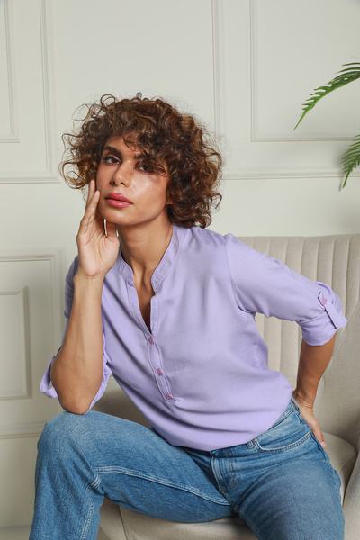 Butik Lila Hakim Yaka Yarım Patlı Viskon Gömlek 1500064