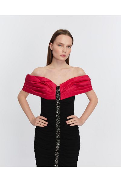 Aperla Dense Drawstring Stretchy Fabric Stylish Evening Dress with Off-The-Shoulder and Stone Detail