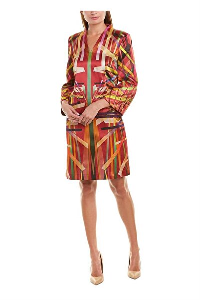 Escada Renk Desenli V Yaka Uzun Kol Kırmızı Pamuk Ve Ipek Elbise