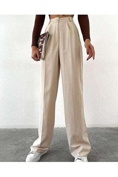 modazoom Kadın Bej Pileli Yüksek Bel Palazzo Kumaş Iba21 Tükeniyor
