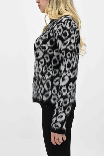 birizmoda Pulover din tricotaje cu pene cu model leopard - negru