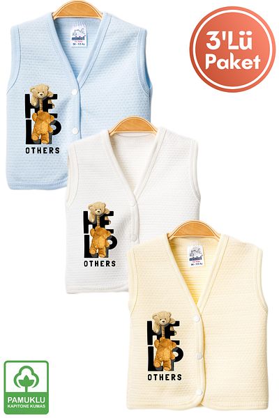 Miniel Unisex Baby Help Teddy Bear Printed Organic Cotton 3-6-9 Months 3-Piece Quilted Baby Vest Set